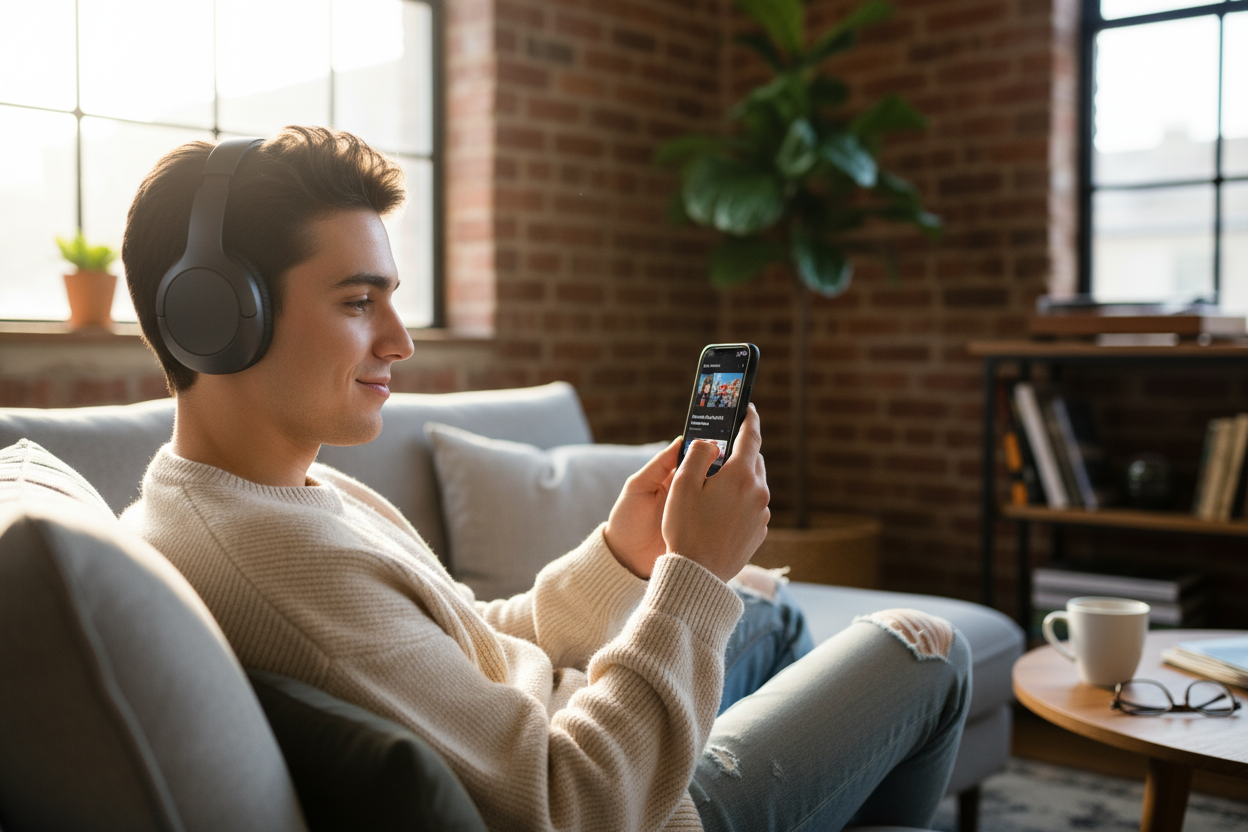 genere moi une image où on voit une personne réel qui écoute la musique sur un casque sans fil et il regarde son téléphone ouvrant l'application Spotify